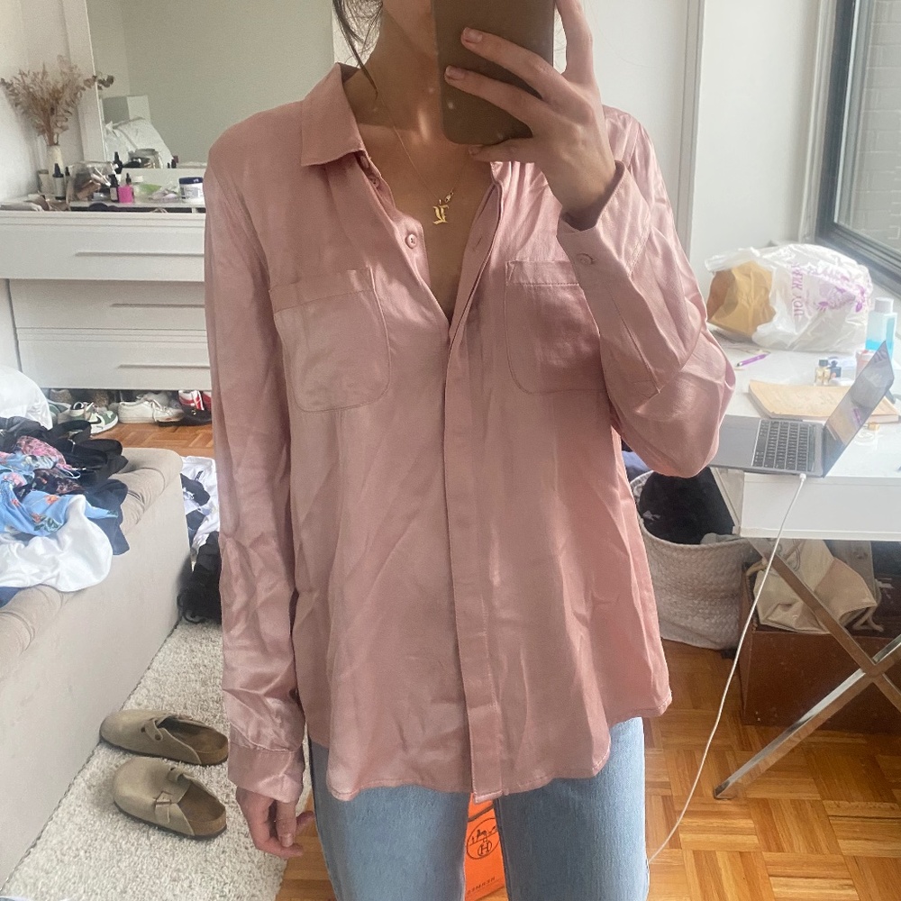 pink silky button-down long sleeve blouse
